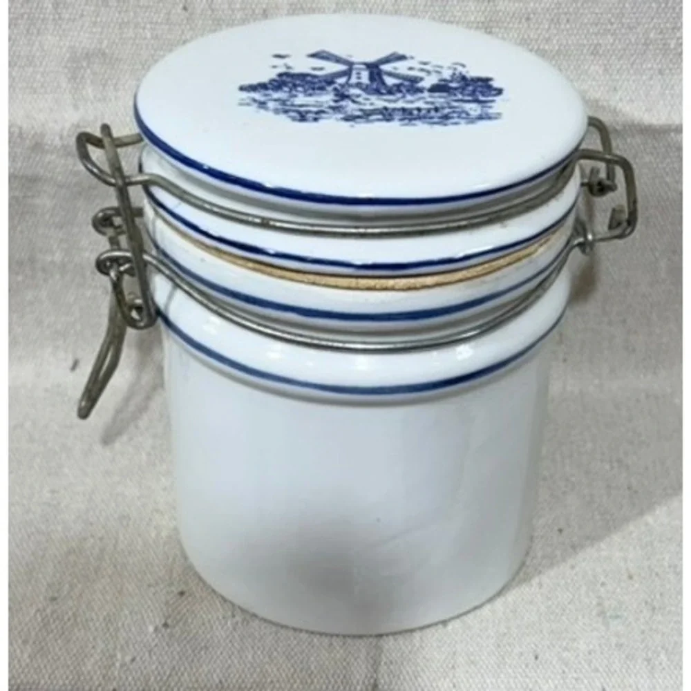 Teleflora Blue White Windmill Ceramic Canister Wire Bale Jar 5.5in Dutch Style